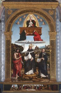 Madonna Odigitria ze świętymi: Janem Chrzcicielem, Antoninem z Florencji i Mikołajem z Tolentino autorstwa Pietro Francesco (1485-1528) Sacchi