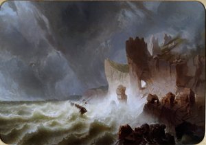 Lido solitario Morski krajobraz, ze statkiem złapanym przez sztorm i rozbił się na klifach. Obraz Pietro Giurii (XIX w.) Wym. 140x200 cm Genes Nervi, Galleria d