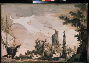 Wystrój teatru „Widok na port”. Akwarela Pietro di Gottardo Gonzaga (1751-1831) 1818. Akwarela i tusz na papierze. Moskwa, Muzeum Puszkina