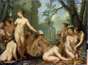 Diana i Callisto (Diana i Callisto). Mitologia grecka: Diana odkrywa ciążę ciężarnej nimfy Callisto Zeusa. Obraz Pietro Liberi (1614-1687). Sztuka barokowa. Olej na płótnie. Ermitaż w Petersburgu