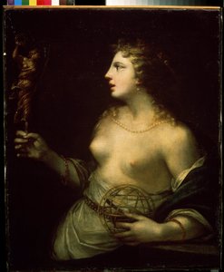 „Urania” (Urania) przedstawienie opiekuńczej Muzy astronomii i astrologii, trzymającej dłoń na kuli. Obraz Pietro Liberi (1614-1687) XVII-wieczne Muzeum Sztuki Michaiła Kroszyckiego, Sewastopol (Sewastopol) Ukraina