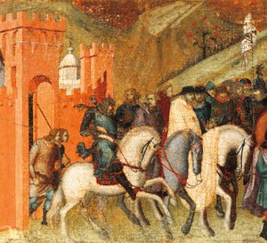 Pierwsi karmelici pustelnicy wiosną Eliasza, fragment predelli ołtarza dla Carmine, Pietro Lorenzetti (ok. 1280-1348), tempera i złoto na desce autorstwa Pietro Lorenzetti
