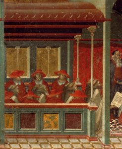 Honoriusz III zatwierdzający regułę karmelitów, detal z predelli z ołtarza dla Carmine autorstwa Pietro Lorenzettiego (ok. 1280-1348), tempera i złoto na desce autorstwa Pietro Lorenzetti