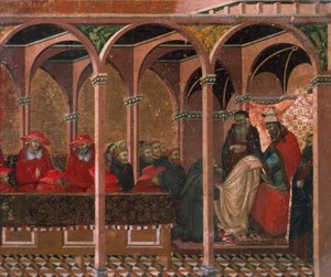 Honoriusz III zatwierdzający regułę karmelitów, detal z predelli z ołtarza dla Carmine autorstwa Pietro Lorenzettiego (ok. 1280-1348), tempera i złoto na desce autorstwa Pietro Lorenzetti