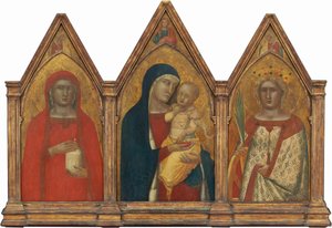 Madonna z Dzieciątkiem z Błogosławiącym Chrystusem oraz święci Maria Magdalena i Katarzyna Aleksandryjska z Aniołami [cały tryptyk] autorstwa Pietro Lorenzetti