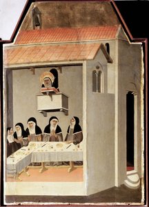 Niepiśmienny święty cudownie czyta (Poliptyk z życia św. Pokory) - Detrempe na drewnie XIV wiek autorstwa Pietro Lorenzetti
