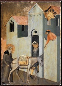 Święty przynosi cegły na budowę nowego klasztoru we Florencji (szczegół życia poliptyku św. Pokory) - Detrempe na drewnie autorstwa Pietro Lorenzetti