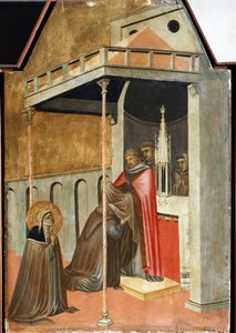 Ugolotti przywdziewa habit monastyczny (szczegół życia poliptykowego św. Pokory) - Detrempe na drewnie autorstwa Pietro Lorenzetti
