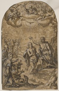 Chrzest Chrystusa z Bogiem Ojcem i aniołami wśród chmur” autorstwa Pietro Mera