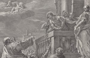 Chrystus na balkonie otoczony przez strażników, po prawej stoi Piłat gestem towa..., ok. godz. 1730-39.