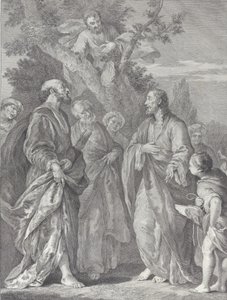Nawrócenie Zacheusza, z Chrystusem po prawej zwracając się do poborcy podatkowego, którego siedziba..., 1730-39.