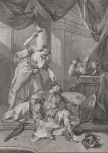 Jael wbija kołek namiotu w skroń śpiącego Sysery, po prawej stronie. 1730-39.