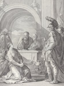 Córka Jeftego klęczy przy ołtarzu ofiarnym, a ojciec stoi w prawo..., 1730-50. autorstwa Pietro Monaco