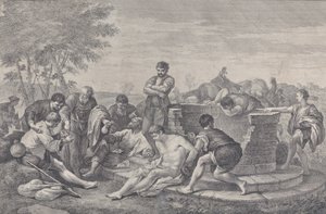 Józefa sprzedany w niewolę przez braci, którzy siedzą wokół studni dzielącej c..., 1730-39.