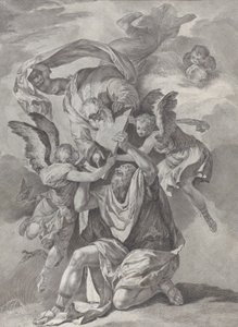 Mojżesz otrzymujący Tablice Prawa od Boga, który zstępuje z niebios, od... ok. godz. 1730-39.