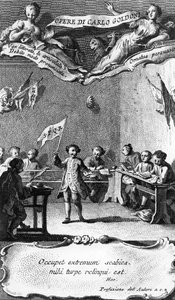 Carlo Goldoni macha flagą w celu uczczenia roku w szkole jezuickiej w Perugii, z „Opere di Carlo Goldoni”, rytego przez Antonio Barattiego, 1761