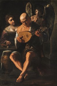 Starszy mężczyzna grający na gitarze w towarzystwie kobiety i putta (olej na płótnie)