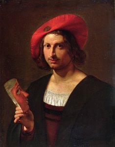 Portret młodzieńca w kapeluszu z odznaką, trzymającego maskę (olej na płótnie)
