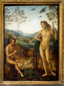 Apollo i Marsjasz „”Marsjasz grający na flecie przed Apollem, królem liry, przez wyzwanie. Obraz Pietro Vannucci z The Perugino (1450-1523) Sun. 0,39x0,29 m² autorstwa Pietro Perugino