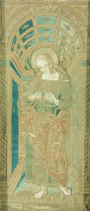 Św. Jan Ewangelista, autorstwa Pietro Perugino (ok. 1450-1523), haft na jedwabiu, złocie i srebrze autorstwa Pietro Perugino