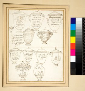12 marmurowych urny nagrobnej z pokrywkami. (długopis) autorstwa Pietro Santi Bartoli