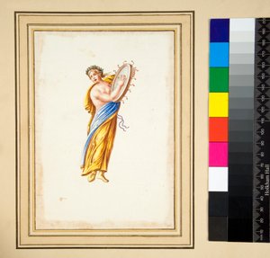 Udrapowana postać bijąca w bęben (czarna kreda, niektóre z piórem i brązowym atramentem. pokolorowane akwarelą) autorstwa Pietro Santi Bartoli
