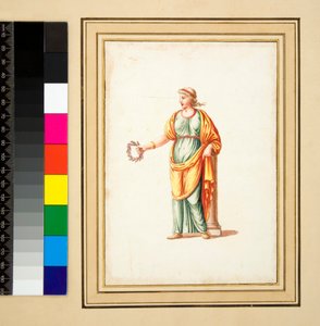 Postać kobieca zwrócona w lewo od widza (czarna kreda, niektórzy z piórem i brązowym atramentem. pokolorowane akwarelą) autorstwa Pietro Santi Bartoli