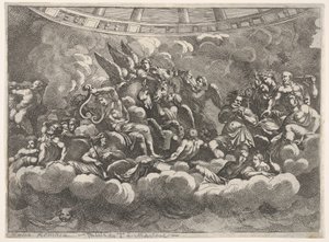 Zbiór różnych bogów olimpijskich i postaci mitologicznych wśród chmur, Apollo w ce..., ca. 1680.