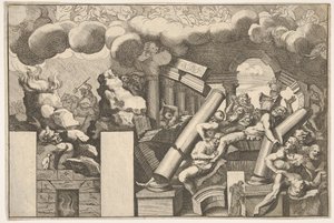 Giganci zmiażdżeni przez skały i spadające kolumny świątyni, kłęby dymu nad..., ca. 1680.