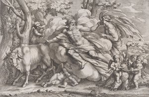 Io po lewej jak krowa, Jowisz na chmurze pośrodku i Juno po prawej z pu..., 1650-90.