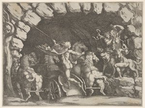 Pluton, widziany z tyłu, wjeżdżający do Podziemia na swoim rydwanie Cerberus i trzech Fu..., ca. 1680.