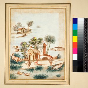 Scena rzeczna z dwoma Pigmejami na wyspie (czarna kreda, niektórzy z piórem i brązowym atramentem. pokolorowane akwarelą) autorstwa Pietro Santi Bartoli