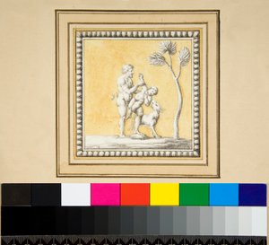 Trzy srebrne panele z przodu drewnianej skrzyni (czarna kreda, niektóre z piórem i brązowym tuszem. zabarwione akwarelą) autorstwa Pietro Santi Bartoli