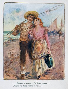 Powrót z wędkarstwa, ilustracja Pietro Scoppetta (1863-1920), Włochy, XX wiek