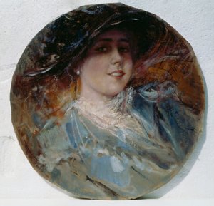 Promienny uśmiech, Pietro Scoppetta (1863-1920), olej na płótnie nałożony na tekturę, 37,5 cm