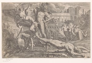 Achilles ze zwłokami Hectora za jego rydwanem autorstwa Pietro Testa