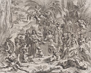 Alegoria malarstwa, które jako dziecko w centrum lewej kreśli na tablicy, otacza..., 1637-38. autorstwa Pietro Testa