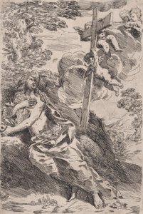 Maria Magdalena na pustyni, po prawej krzyż niesiony przez anioły, ok. godz. 1630. autorstwa Pietro Testa