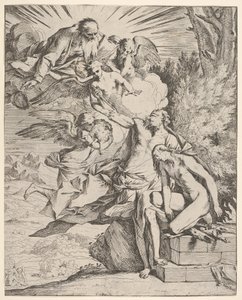 Ofiara Izaaka: anioł naciska na niosące sztylet ramię Abrahama, który…, ok. 1645-50. autorstwa Pietro Testa