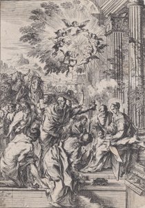 Adoracja Trzech Króli, ustawiona przed i architektoniczna kolumnada, ca. 1640. autorstwa Pietro Testa