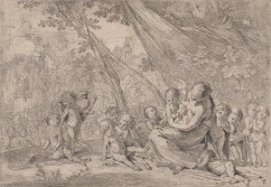 Ogród Miłosierdzia, kobieta reprezentująca Miłosierdzie z prawej strony otoczona dziećmi, ..., ok. godz. 1631-37. autorstwa Pietro Testa
