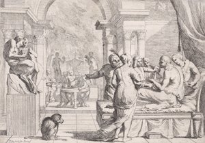 Syn marnotrawny siedzący na kanapie przy winie, biesiadnicy w tle, mo..., ca. 1645. autorstwa Pietro Testa