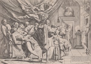 Samobójstwo filozofa Katona, który leży na łóżku wyciągając wnętrzności obserwowany b..., 1648.