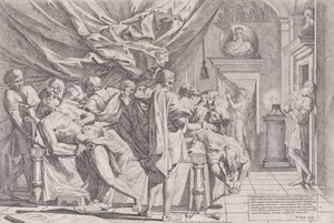 Samobójstwo filozofa Katona, który leży na łóżku wyciągając wnętrzności obserwowany b..., 1648.