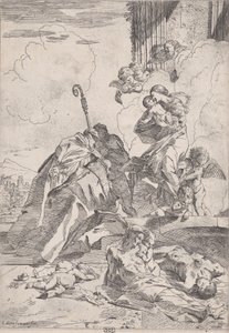 Trzej święci Lucchese wstawiają się u Matki Bożej za ofiary zarazy...., ok. godz. 1630-31. autorstwa Pietro Testa