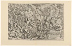 Triomf van de schilderkunst op de Parnassus Wyraża swoje uczucia/ zasługuje na ukłon/ triumfuje nad Parnasem (tytuł na obiekcie) autorstwa Pietro Testa