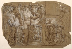 Antyczna ofiara i małżeństwo Perseusza i Andromedy, według Polidoro da Caravaggio (ok. 1499-1543) (pióro i brązowy tusz z brązowym lakierem wzmocnionym białym kolorem ciała nad wstępnymi czarną kredą na papierze sprany brąz) autorstwa Pietro da Cortona
