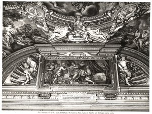 Detal dekoracji sufitu "Sala di Apollo" (Sala Apolla) przedstawiający Aleksandra czytającego Homera (fresk) (zdjęcie czarno-białe) autorstwa Pietro da Cortona