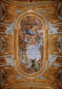 Dziewica objawia się św. Filipowi Neri (Filippo Neri) podczas budowy kościoła Widok na freski sklepienia Piotra z Cortony (Pietro da Cortona) (1596-1669) (Cud Madonny della Vallicella autorstwa Pietro da Cortony, fresk na suficie