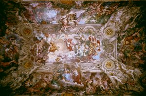 Chwała Barberinich: „Triumf Opatrzności Bożej” Alegoria Opatrzności i Boskiej Mocy Rodziny Barberini (Papież Urban VIII). Fresk Stone of Cortona (Pietro Berrettini dit Pietro da Cortona (1596-1669) zdobiący sufit Barb